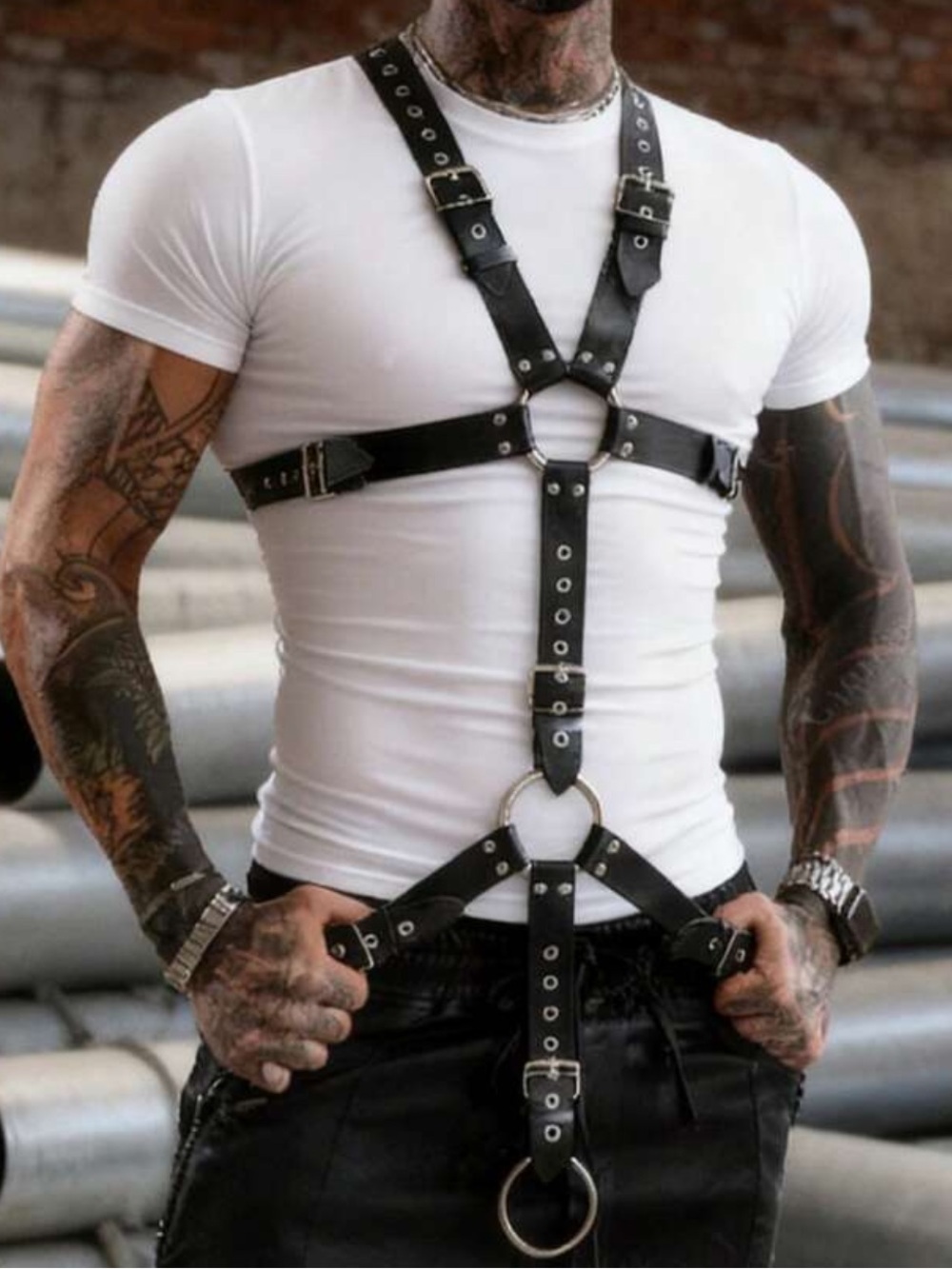 Black Mens Full Body Leather Ring Harness - Adjustable Grommet Straps New